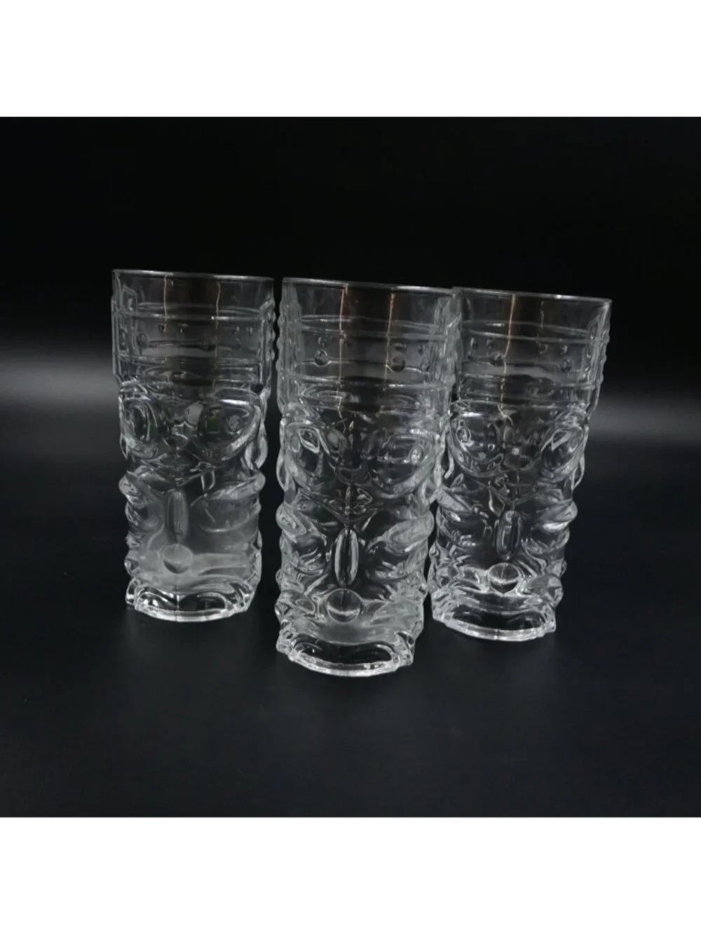 Forum Tiki Face Tumbler Glasses Set of 3 Clear Hawaiian Totem Barware Highball